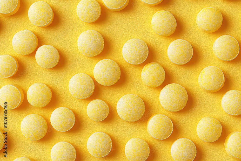 Poster image with yellow spherical candy shapes aligned against a matching background in a playful and crea