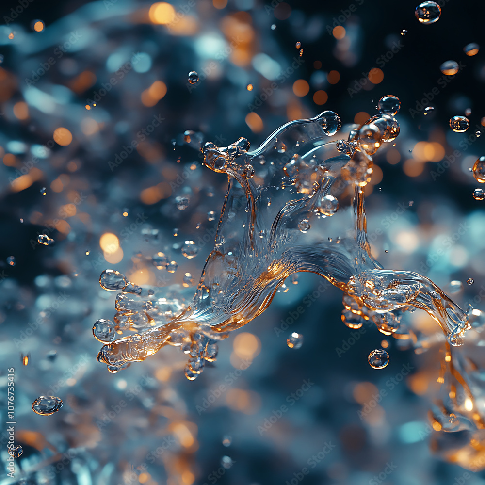 Poster close up of water molecules in motion, showcasing dynamic splashes and bubbles. interplay of light c