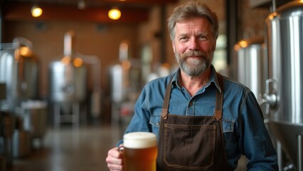 A skilled brewer stands proudly in the brewery, wearing an apron and holding a glass of golden beer. Behind him, stainless steel fermenters reflect the warm lighting, showcasing the vibrant atmosphere