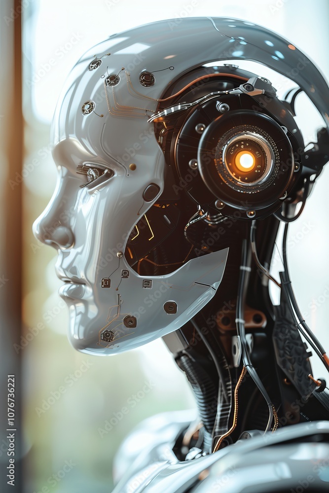 Poster futuristic robotic head with intricate circuitry and glowing eye in a modern technological setting