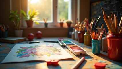 Fototapeta premium Sunlit creative workspace with drawing, colored pencils, and art supplies, inspiring artistic environment. Generative, AI,