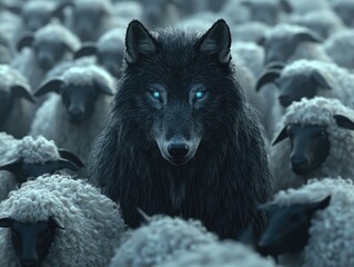 Obraz premium A wolf in sheep's leading the flock