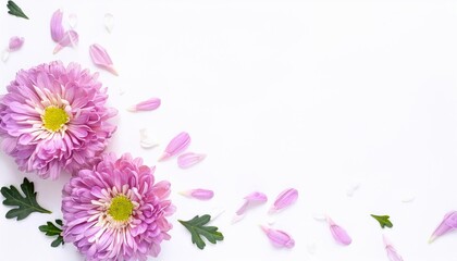 Fototapeta premium Closeup of Blooming Chrysanthemum Flowers and Petals Isolated on White Background. Top View of Flower with Empty Space.