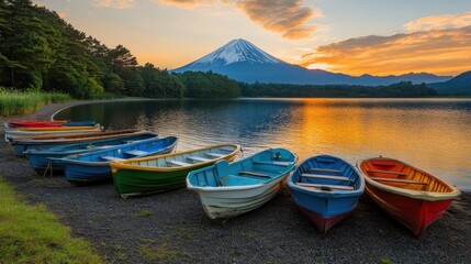 Sunrise Over Mount Fuji with Boats on the Lake