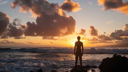 Obraz premium Silhouette of a Person Standing on Rocky Beach at Sunset with Dramatic Clouds