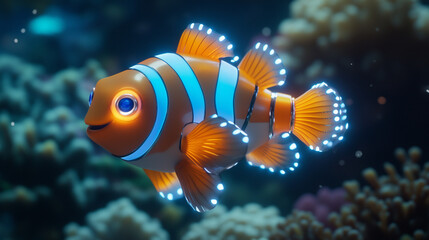 Obraz premium Robotic Clownfish Swimming in Futuristic Ocean
