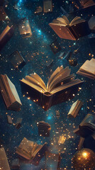 A surreal scene of floating books in a starry sky, with glowing orbs and cosmic elements creating a world of imagination and wonder.