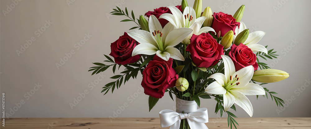 Poster a vase of flowers with red and white flowers in it. the flowers are arranged in a way that makes the
