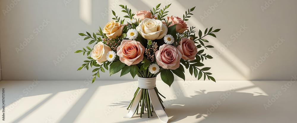 Poster a vase of flowers with red and white flowers in it. the flowers are arranged in a way that makes the