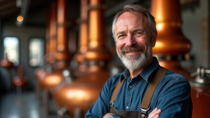 A skilled distiller stands confidently in a warm, inviting distillery. Copper stills gleam in the background, emphasizing the artistry of spirit production. The atmosphere combines tradition with pass