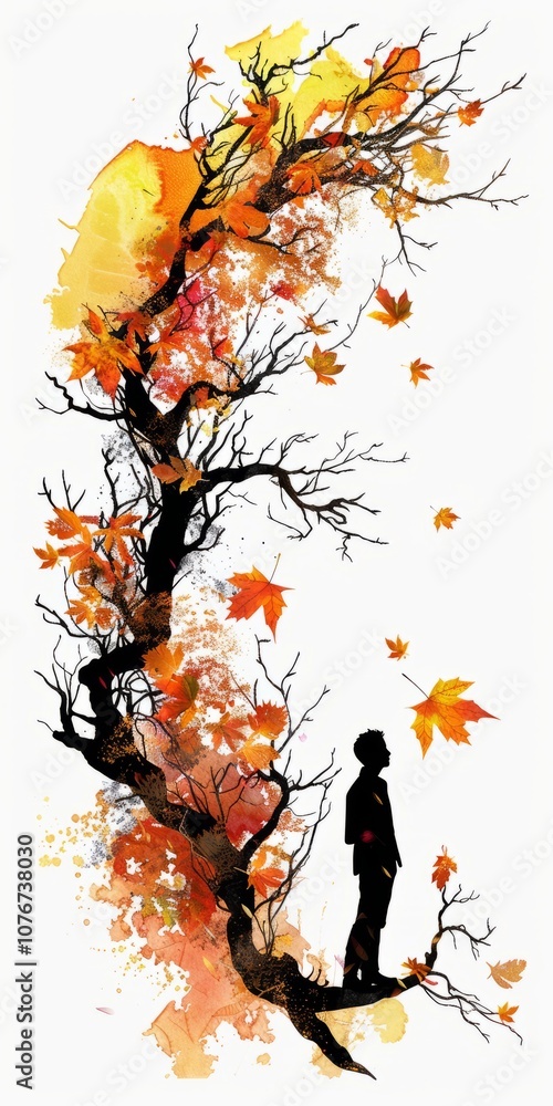 Poster a man is standing on a tree branch in front of a tree with leaves falling