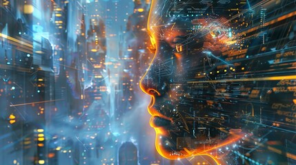 A face is shown in a cityscape with a lot of lights