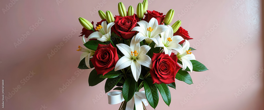 Poster a vase of flowers with red and white flowers in it. the flowers are arranged in a way that makes the
