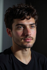 Fototapeta premium A man with a beard and mustache is wearing a black shirt. He has a serious expression on his face