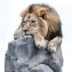 Obraz premium Lion lying on a rock isolated on white background