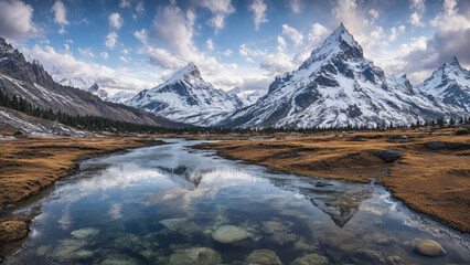 A serene mountain landscape with a snowy peak, surrounded by rugged terrain. A calm reflective lake stretches through the foreground, capturing the beauty of the cloudy sky.
