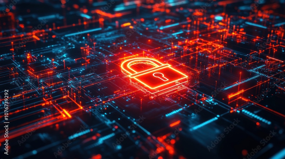Poster cyber security concept with glowing padlock on circuit board. 3d rendering - generated ai