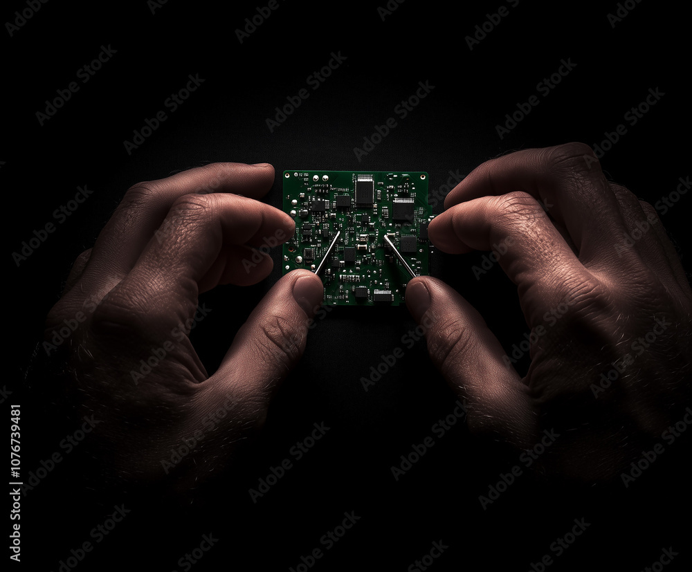 Poster isolated view of hands carefully handling a circuit board with tweezers, focusing on precision in el
