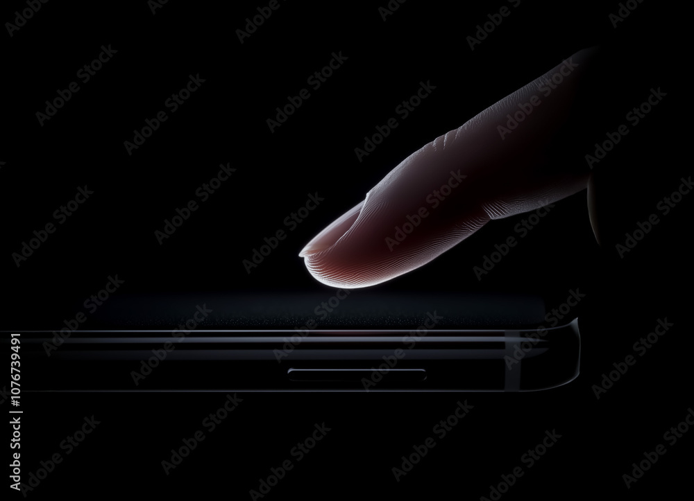 Poster a close-up view of a fingertip interacting with a smartphone screen, focusing on the subtleties of t