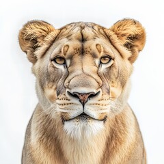 Fototapeta premium Lioness with a neutral expression isolated on white background