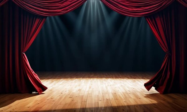 Red velvet theater curtains parted to reveal a dark stage with wooden floors