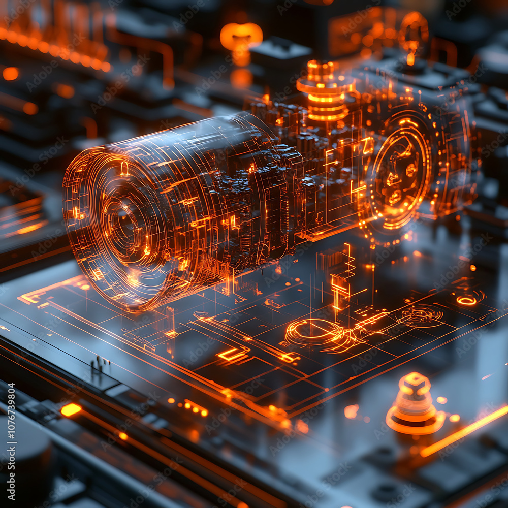 Poster futuristic camera design with glowing orange elements is displayed on circuit board, showcasing adva