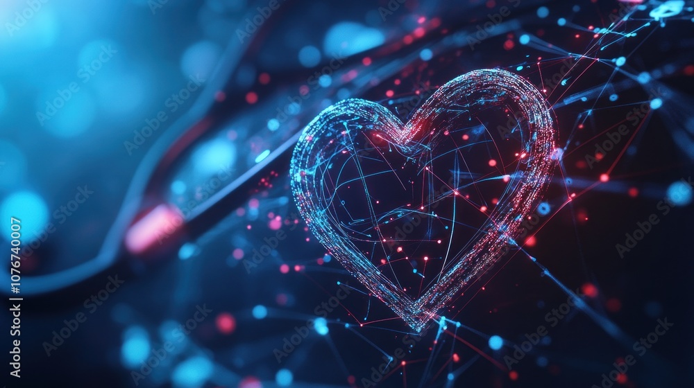 Poster 3d rendering of technology background with heart shape and network connections. - generated ai
