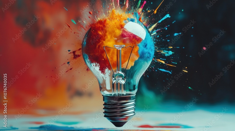Poster incandescent light bulb with colorful paint splashes. 3d rendering - generated ai
