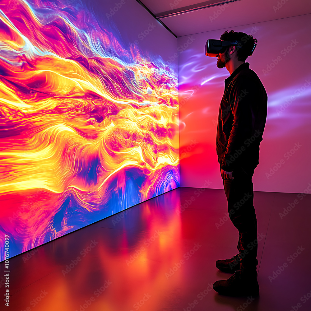Poster immersive virtual reality experience with vibrant colors and dynamic patterns. person wearing vr hea