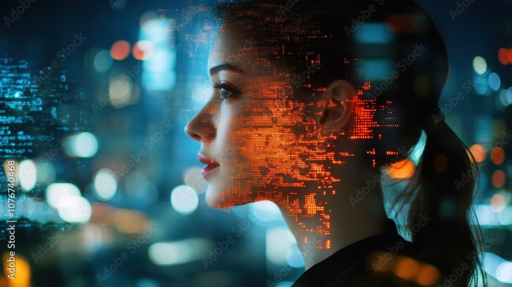 Poster double exposure of woman face and binary code. futuristic concept. - generated ai
