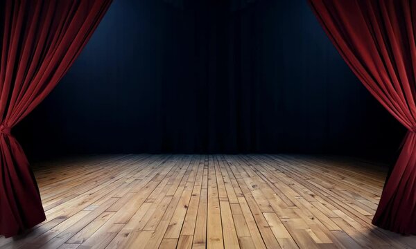 Red velvet theater curtains parted to reveal a dark stage with wooden floors