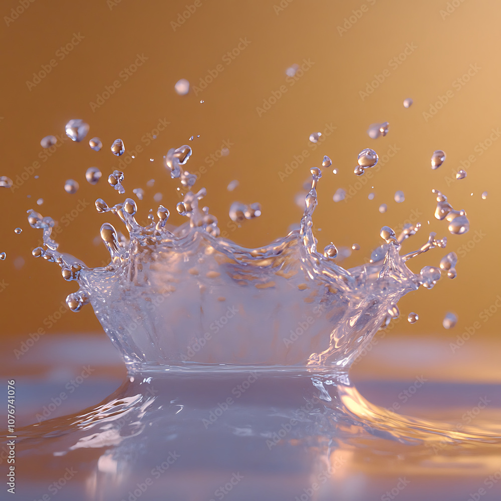Poster water droplets splash in slow motion, creating beautiful crown shape against warm background. dynami