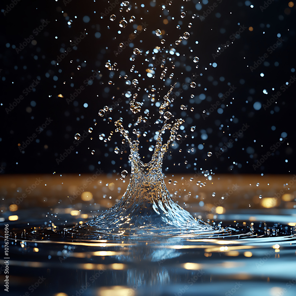 Poster water droplets splash in slow motion, creating mesmerizing display of shimmering droplets against da