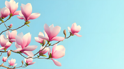 Obraz premium Blooming pink magnolia flowers on branches against blue sky