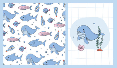 Nursery prints collection with seamless pattern and poster of sea doodles, whales and sharks, for baby clothes, wallpaper, bedding, wrapping paper, stationery, etc. EPS 10