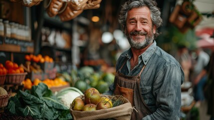 Fototapeta premium Cheerful Street Vendor Selling Sustainable Fruits and Vegetables at Small Farm Market, Filling Recycled Bag with Local Produce