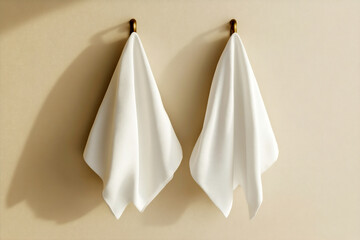 Two handkerchiefs hanging on a hooks on the wall Beige neutral background. Perfect for creating a mockup for pattern design 