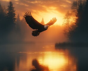 Obraz premium A Bald Eagle soars through a foggy sunrise over a tranquil lake.