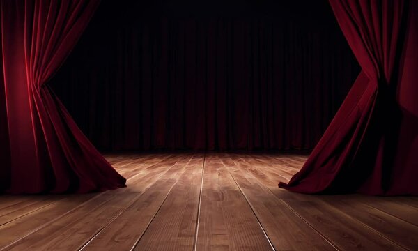 Red velvet theater curtains parted to reveal a dark stage with wooden floors
