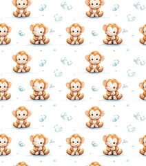 Fototapeta premium A whimsical pattern featuring cute, cartoon monkeys sitting against a light background, ideal for children's decor or playful designs.