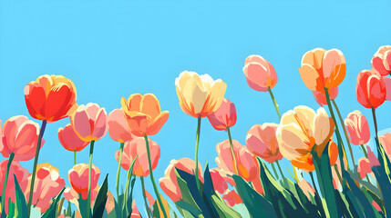 Fototapeta premium Vibrant tulips in various colors against clear blue sky