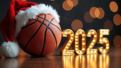 A festive basketball adorned with a Santa hat sits beside glowing numbers representing the upcoming year. The warm bokeh background adds a cheerful and celebratory atmosphere, ideal for holiday events