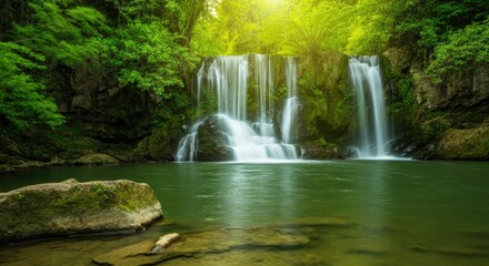Obraz premium Lush Waterfall in a Tranquil Forest
