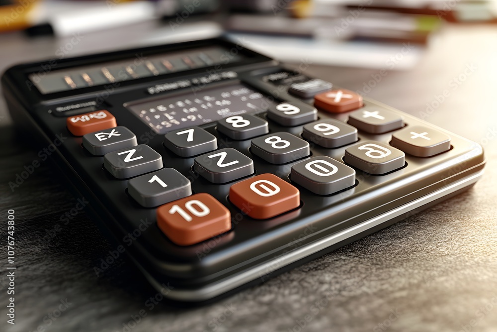 Poster a close-up of a calculator on a wooden surface, emphasizing its buttons and display.