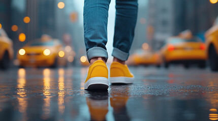 Fototapeta premium person walking in yellow sneakers on wet city street with taxis in background, creating vibrant urban scene.