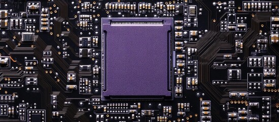 Fototapeta premium Close-up of a circuit board with a purple chip and electronic components.