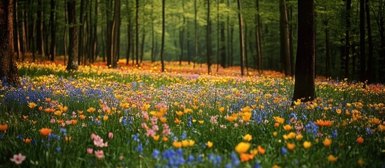 Obraz premium A vibrant meadow filled with colorful wildflowers blooms in a lush green forest.