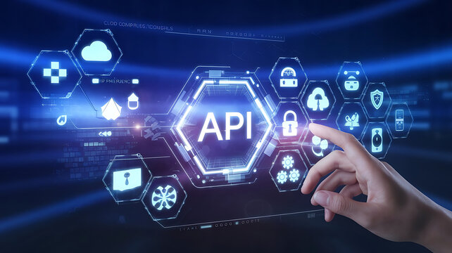 a hand touching a hologram virtual interface of API,API integration, API development, JSON, API documentation, api authentication
