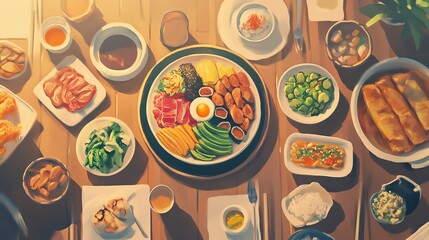 Illustrate a minimalist yet impactful birds-eye view of an Intermittent Fasting scene in intricate digital art