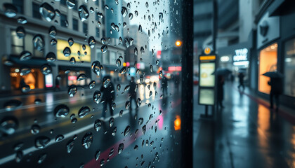 Obraz premium Rainy day scenes. Raindrops on a windowpane. On the right side of the frame, an umbrella is visible just outside the window. Suitable for marketing or business purposes